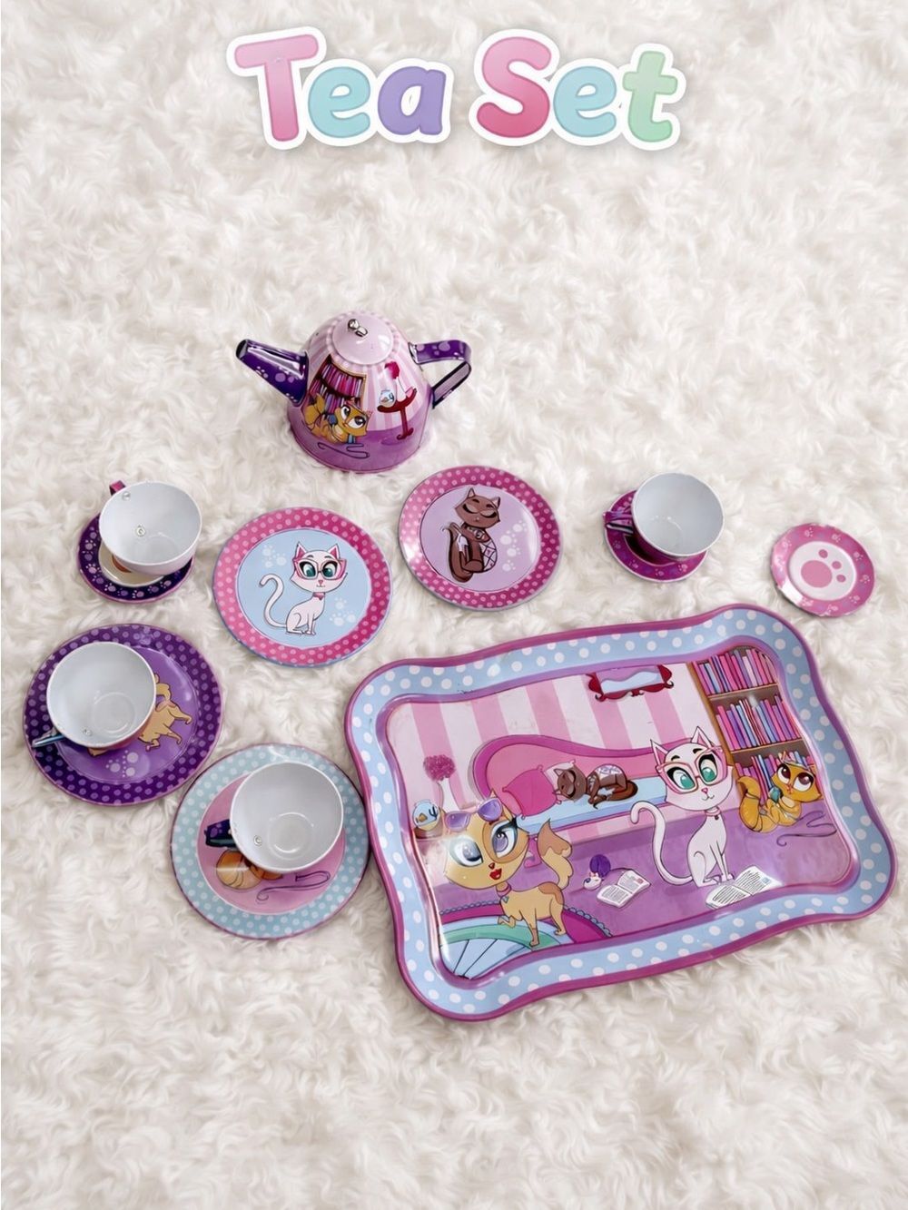 Purple Cat Themed Kids Tea Set - Play Pretend Tea Set